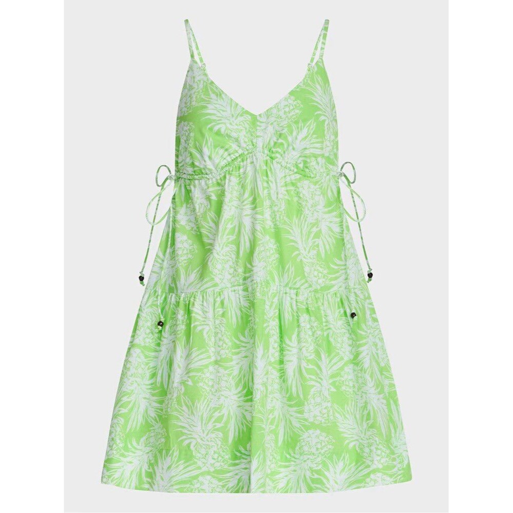 Free Assembly Green/White Floral V-Neck Strappy Smocked Tiered Sundress Size M